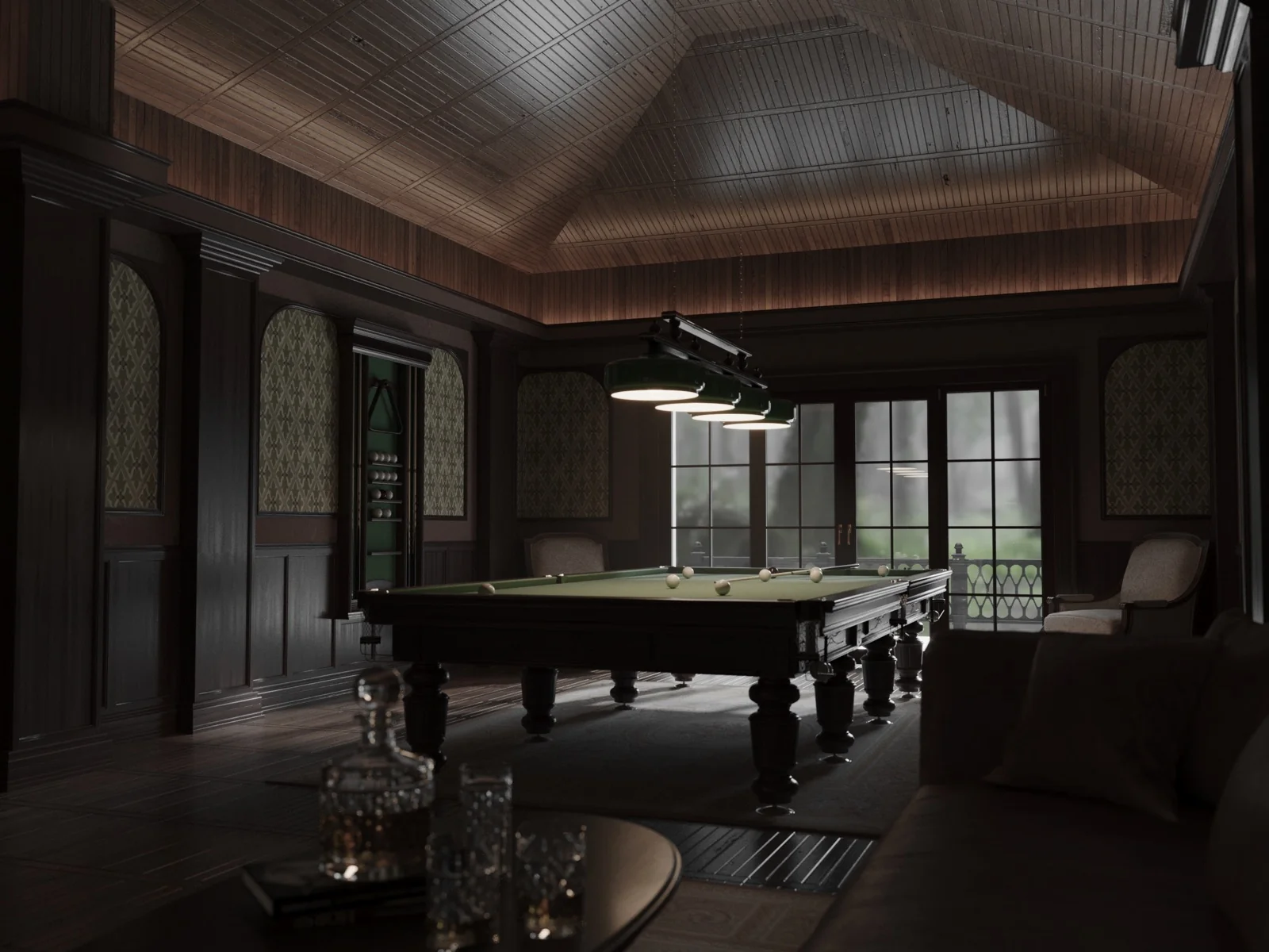 Dark billiard lounge with decorative lighting