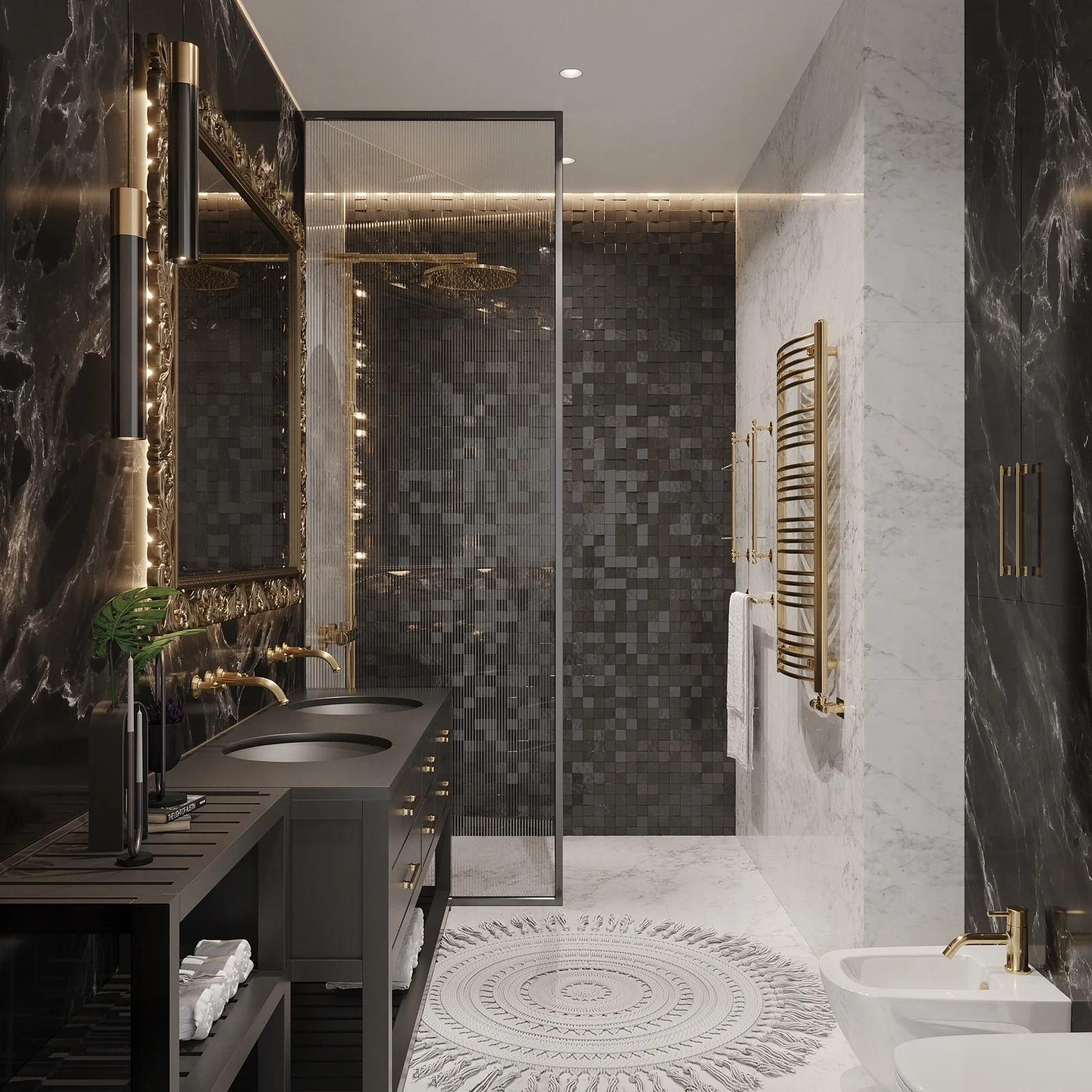 Dark bathroom with a shower area