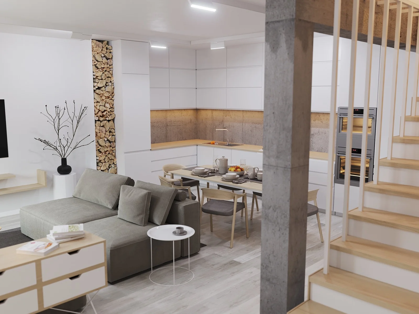 Open living area with a kitchen and staircase