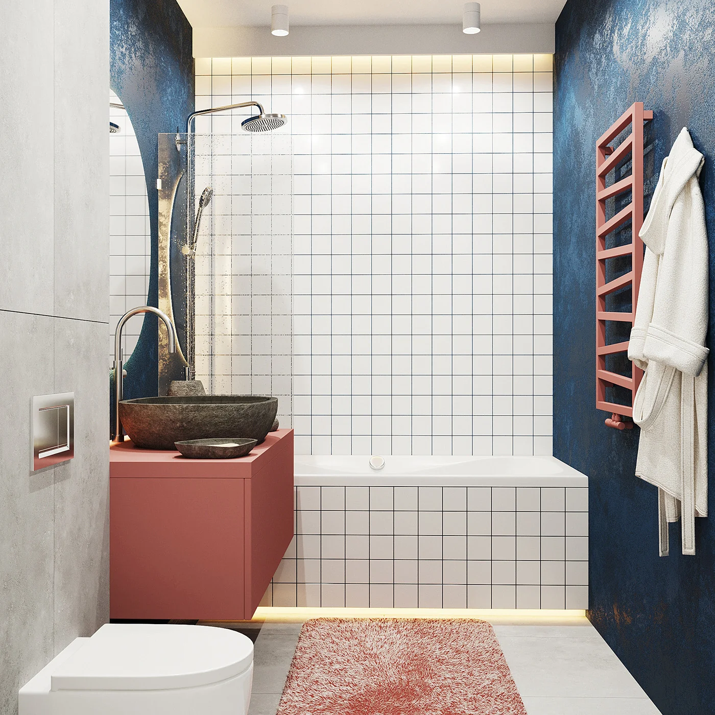 Bathroom with blue walls and coral accents