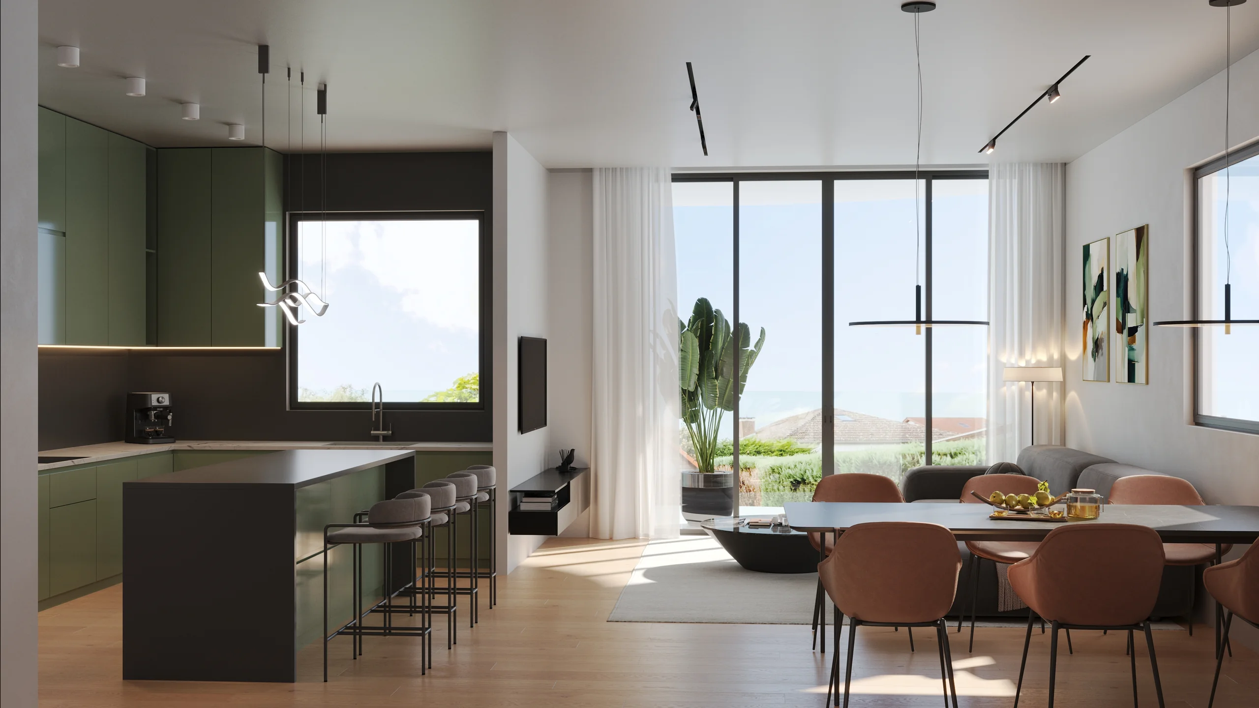 Contemporary kitchen and living room with panoramic windows